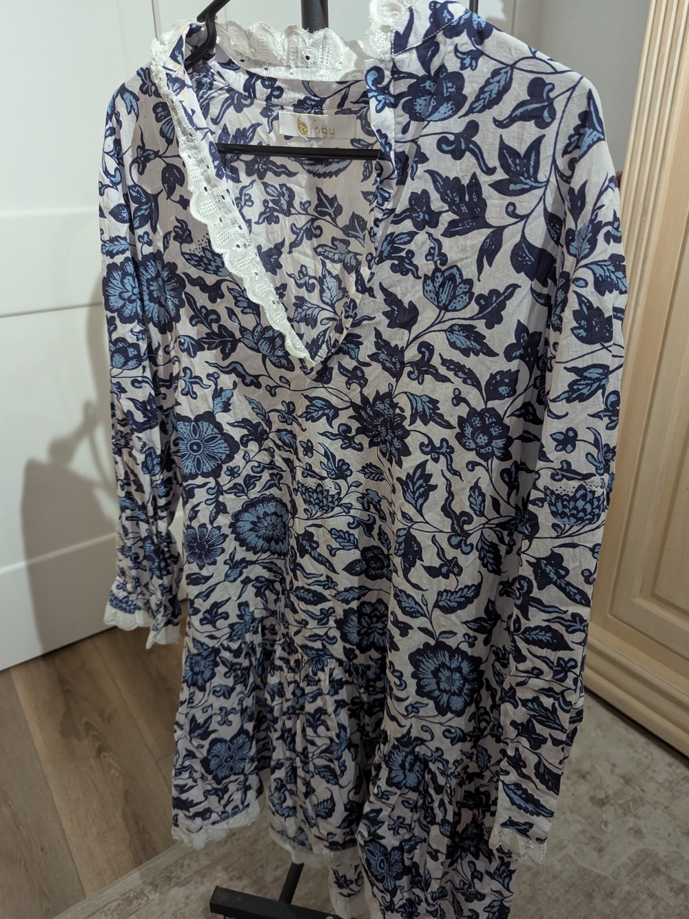 Navy Floral Long-Sleeve V-Neck Dress with Lace Trim